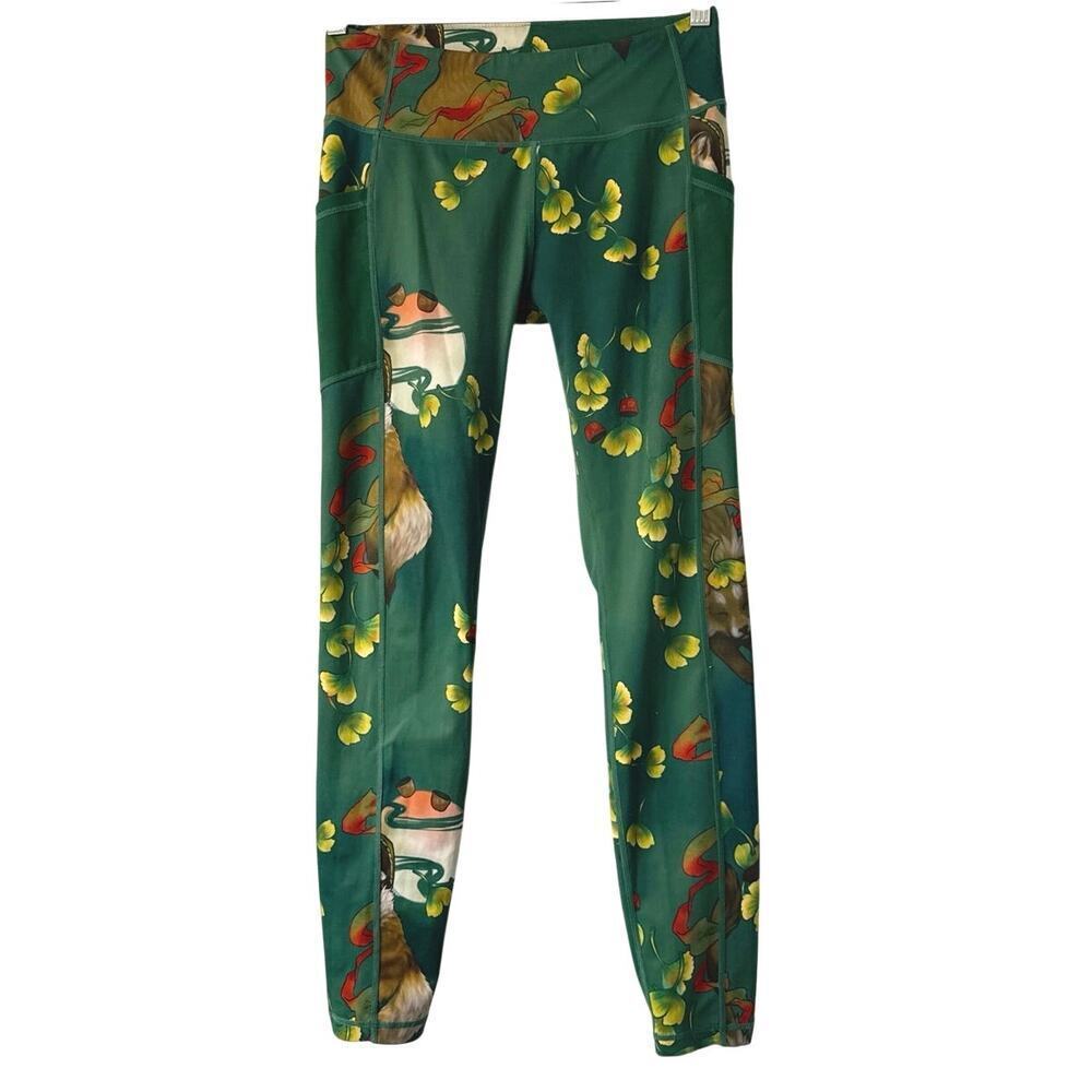 Iron Yokai Tanuki & Gingko Leaves Mid Rise Mesh Pocket Activewear Leggings Sz S